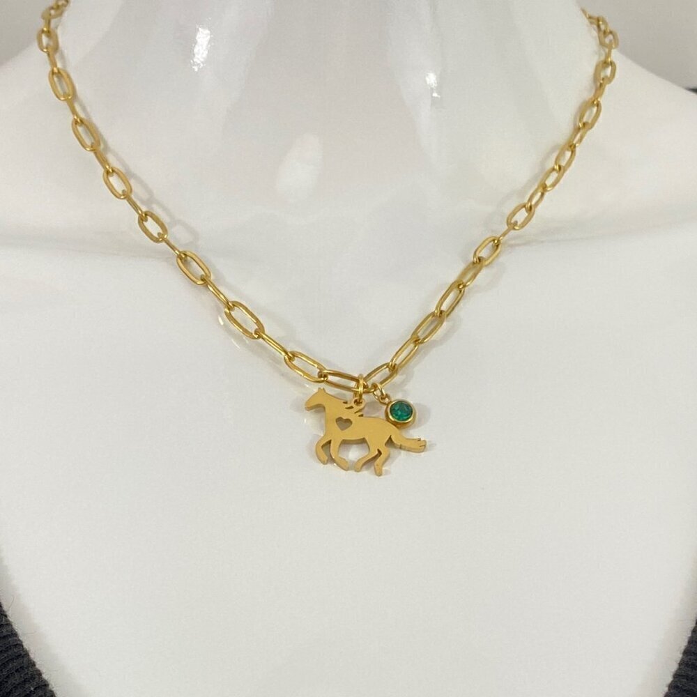 Paperclip Necklace with Horse and Birthstone